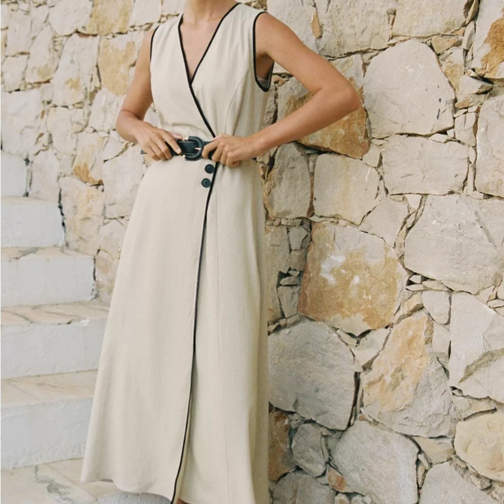 Zara Cream linen Sleeveless belted Dress